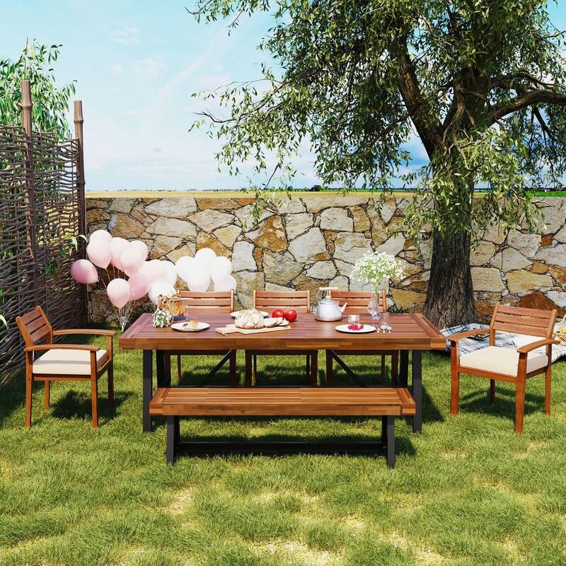 Outdoor Wood Dining Set for 7-8 Person, Outdoor Dining Furniture with Removable Cushions, Ergonomic Chairs and Bench