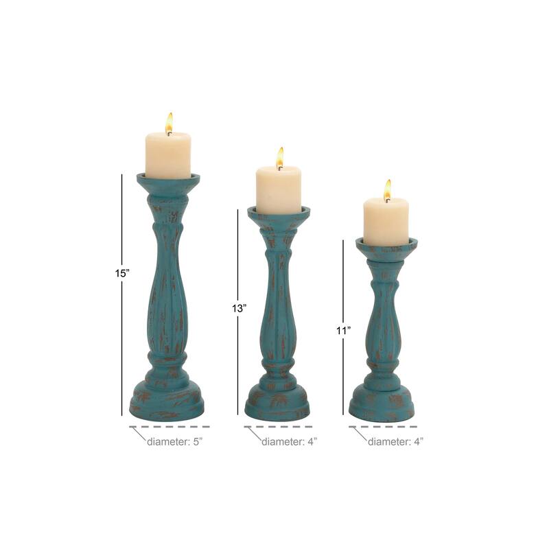 Wooden Distressed Turned Decorative Candle Holder - Set of 3 Gray, Brown, Blue, Green - Roche River Decor