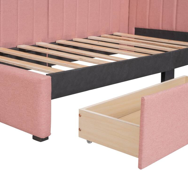 Twin Size Daybed with 2 Storage Drawers Sofa Bed Frame Wood Slat Support Semi-Closed Design Upholstered Daybed
