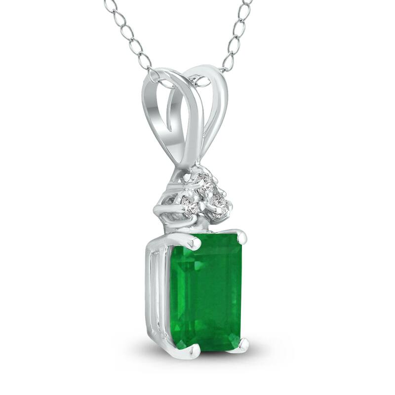 Marquee 14K White Gold 6x4MM Emerald Shaped Emerald and Diamond Pendant