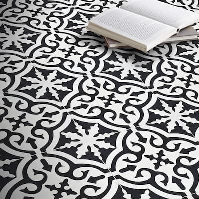 Argana Handmade Cement Tile, 8x8, White/Black ( Morocco)