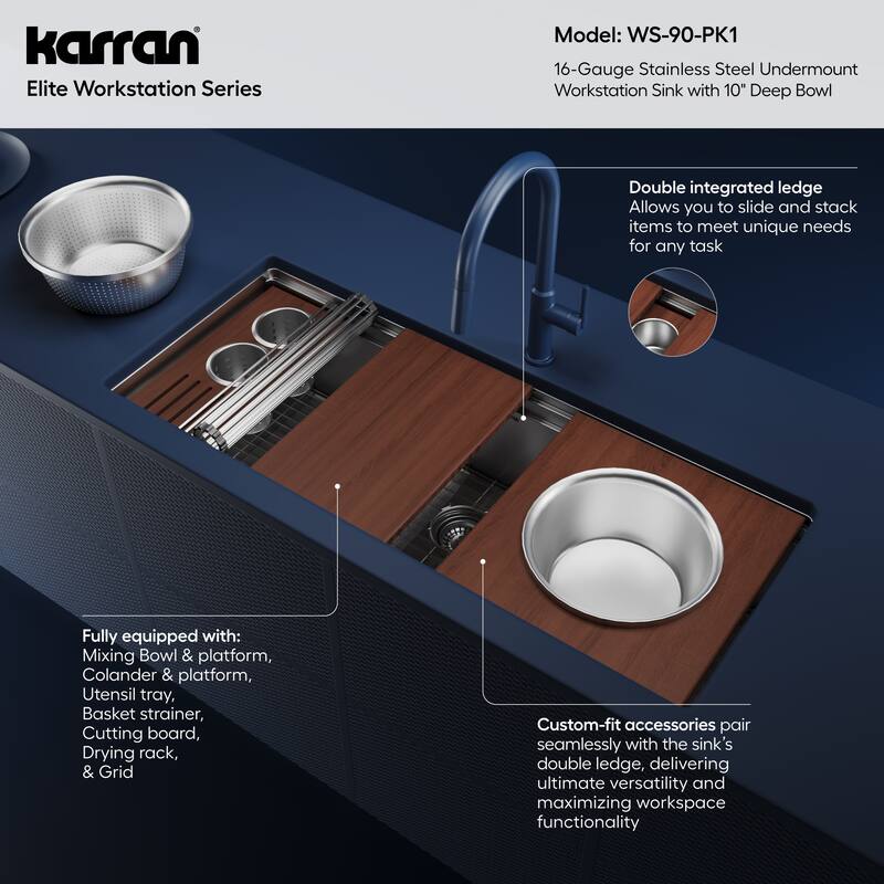 Karran 45" Undermount WS-90 Single Bowl 16 Gauge Stainless Steel Workstation Kitchen Sink