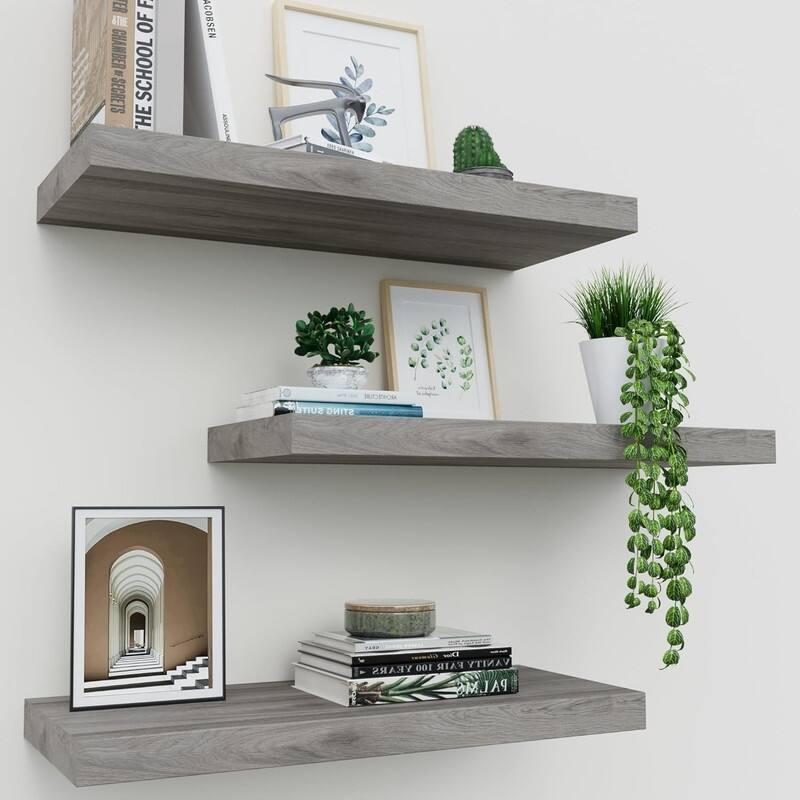Floating Shelves for Wall Set of 3, 16" Rustic Wood Wall Shelves - 6.7"D x 16"W x 1"H - Grey