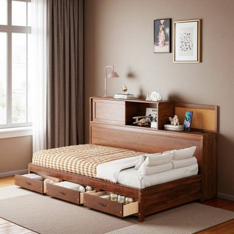 Full Size Wooden Daybed with 3 Storage Drawers, USB Ports, Pushable Shelf, and Soft Headboard - Twin Walnut - Twin