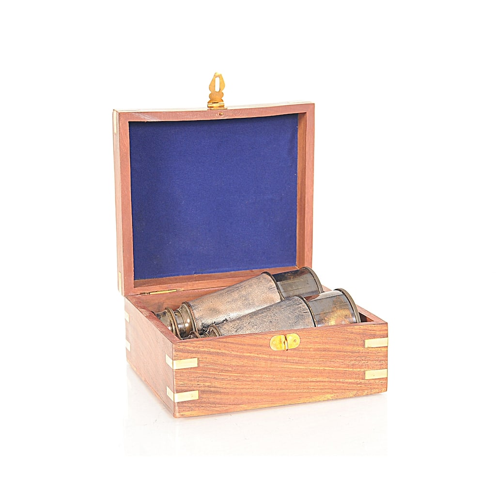 Rustic Brass and Leather Binoculars in Wood Storage Box