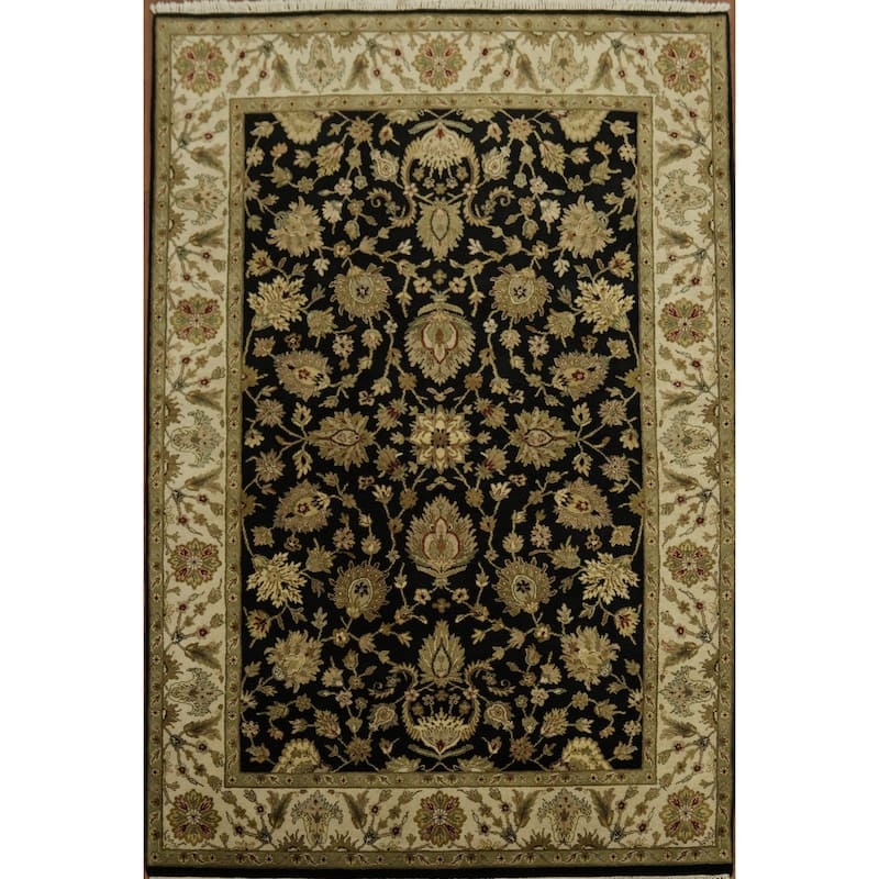 Hand Knotted Oriental 100% Wool Carpet Traditional All-Over Black Agra Area Rug - 9' 2'' X 6' 2''