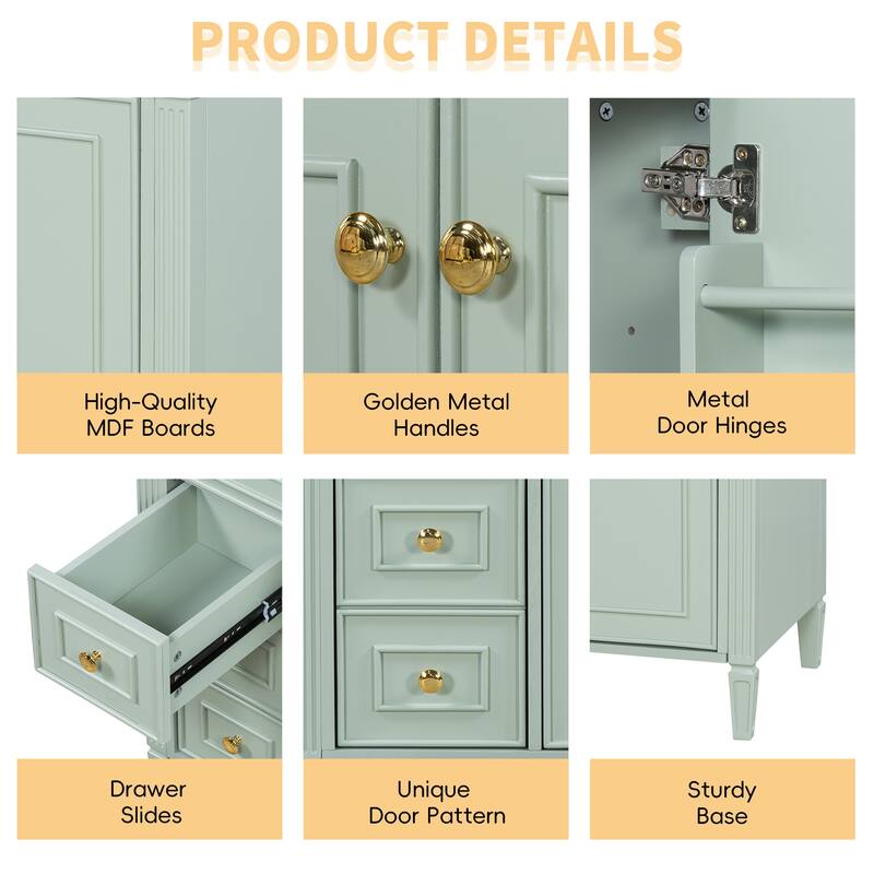 36" Freestanding Bathroom Vanity with Sink, Solid Wood Frame, 3 Drawers & 2 Soft-Close Doors, Gold Handles