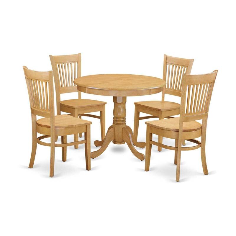 HomeStock 5-Pc Round Natural Oak Finish Solid Wood Top Dining table with 4 Chairs