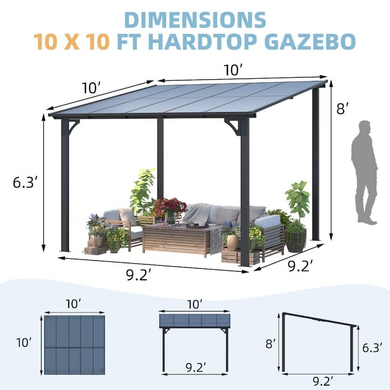10X10Ft Outdoor Pergola Gazebo, Wall Mounted Lean to Awning Gazebo