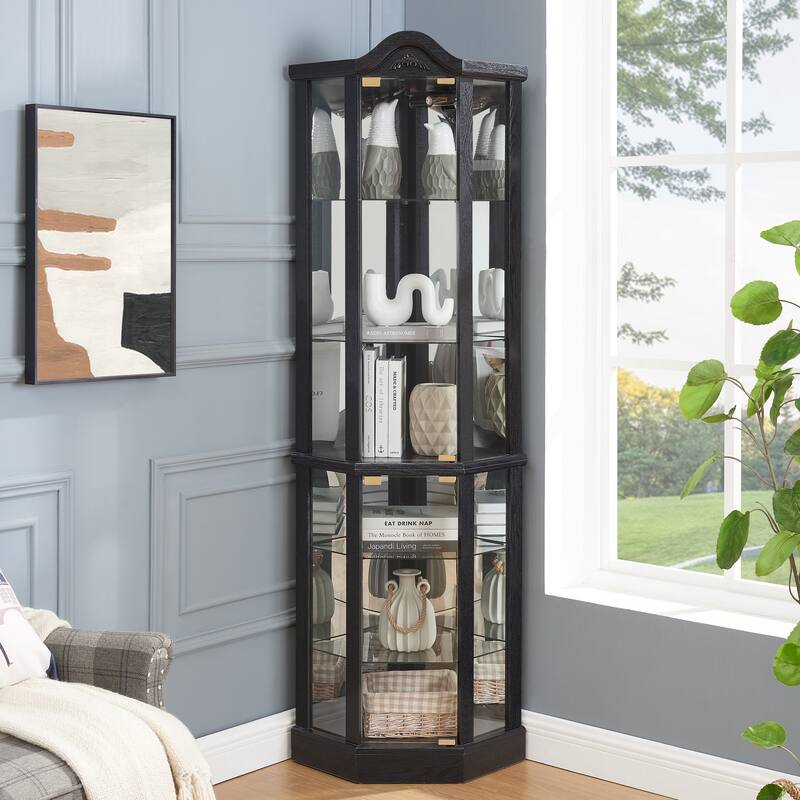 Glass Cabinet Lighted Corner Cabinet Corner Display Curio Cabinet, Glass Display With Light Bar Cabinet, Wine Cabinet