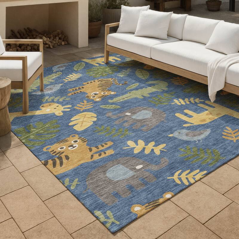 Machine Washable Indoor/ Outdoor Whimsy Safari Animals Chantille Rug - Blue - 5' x 7'6"