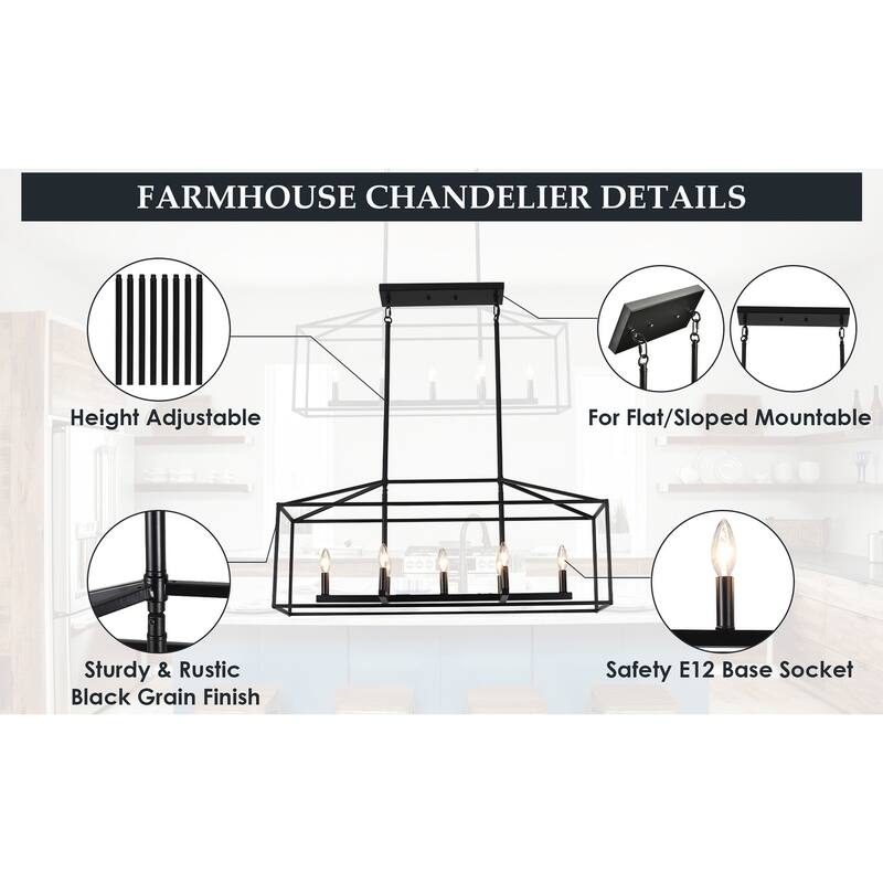 37.79" Wide 7-Light Traditional Farmhouse Rectangle Chandelier, Semi Flush Mount Chandelier, Kitchen Island Chandelier