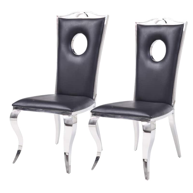 Leatherette Upholstered Metal Side Chairs with Cabriole Style Legs, Black and Silver, Set of Two