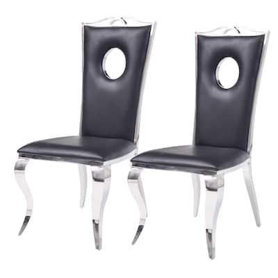 Leatherette Upholstered Metal Side Chairs with Cabriole Style Legs, Black and Silver, Set of Two