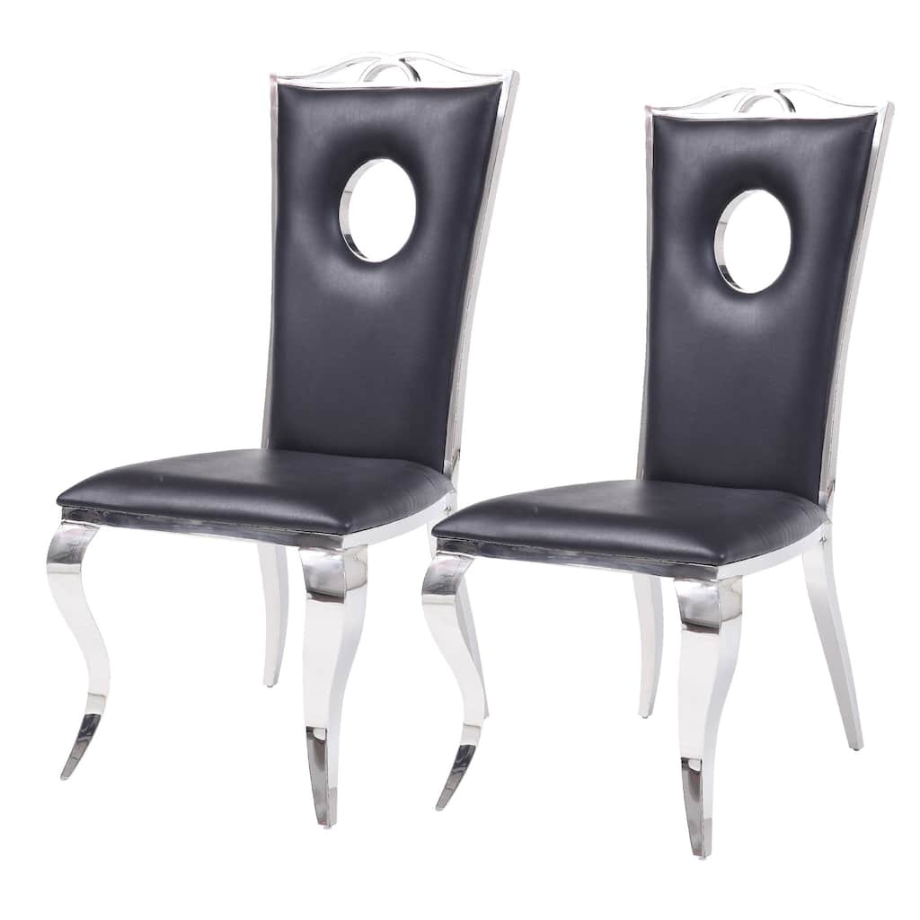Leatherette Upholstered Metal Side Chairs with Cabriole Style Legs, Black and Silver, Set of Two
