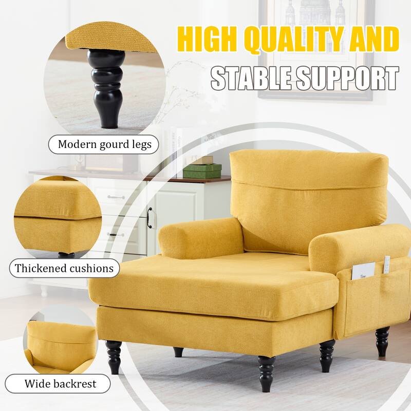 Modern Chaise Lounge Single Sofa Chair, Chenille Fabric Recliner Armchair with Side Pockets and Wooden Legs