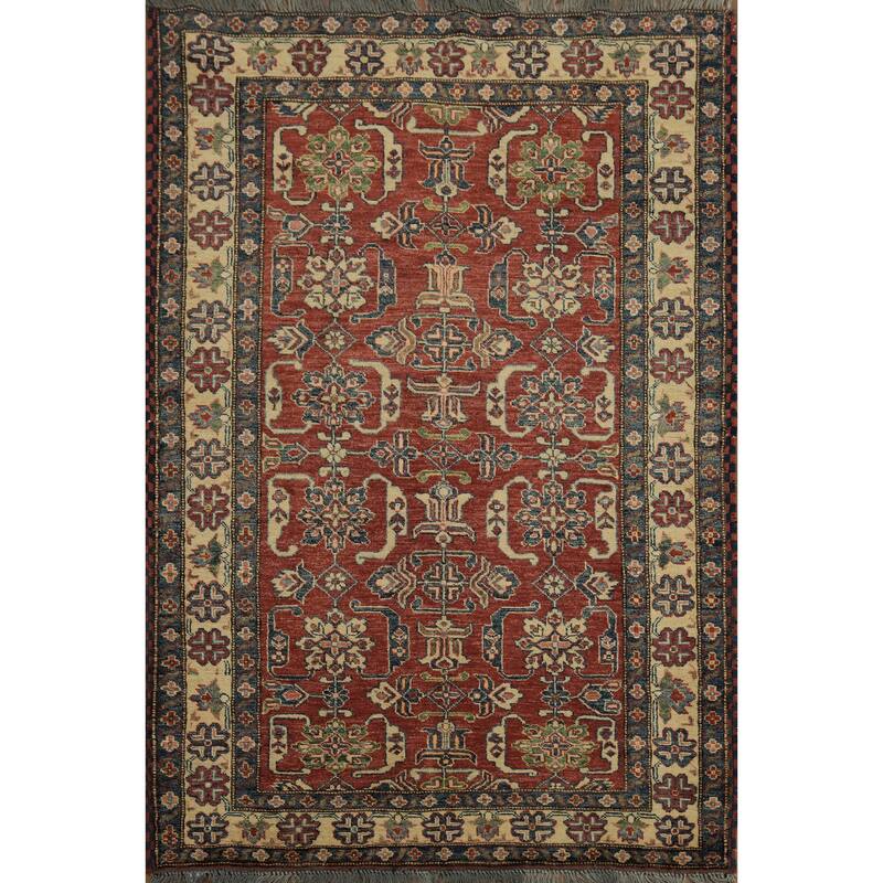 Hand Knotted Oriental 100% Wool Carpet Traditional Geometric Red Super Kazak Area Rug - 5' 7'' X 3' 9''