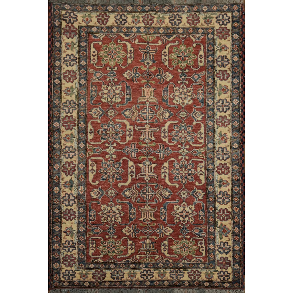 Hand Knotted Oriental 100% Wool Carpet Traditional Geometric Red Super Kazak Area Rug - 5' 7'' X 3' 9''