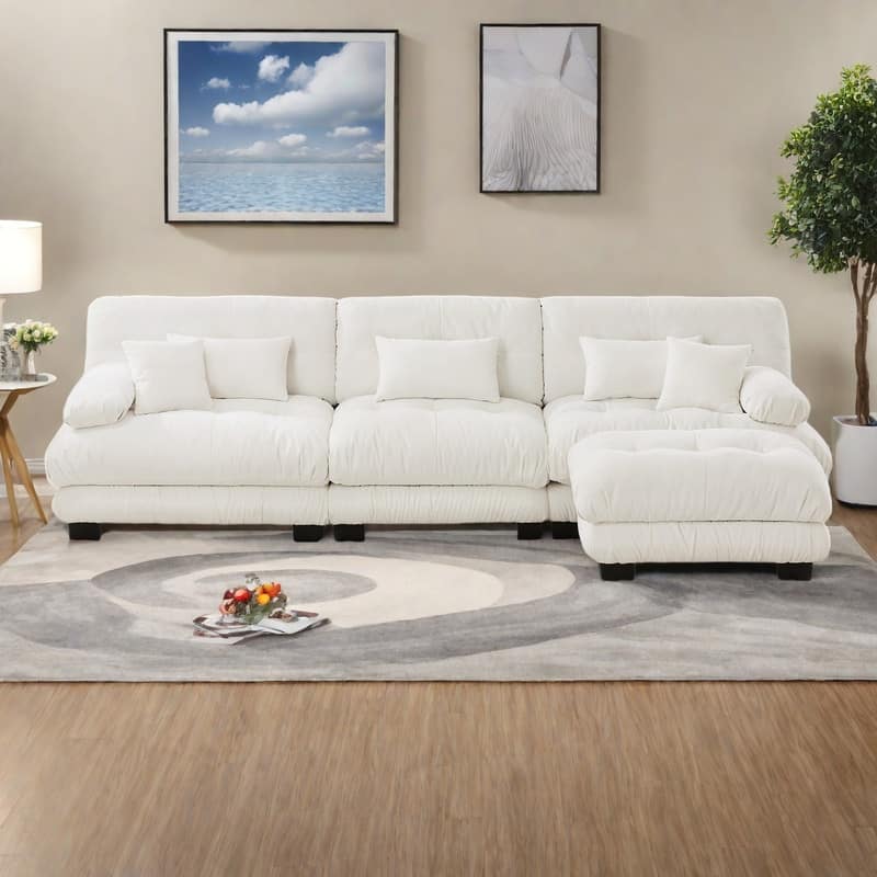 133.8" 3-Seater L-Shaped Chenille Cloud Couch with Ottoman and Oversized Deep Seat Sectional Sofa