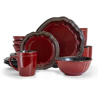 Ruby Empress 16 Piece Beaded Rim Stoneware Dinnerware Set