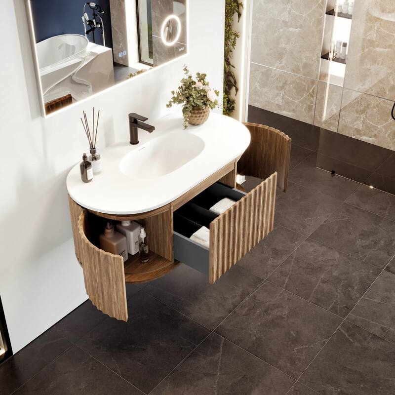 Haven 39"W Medium Oak Wallmount Bath Vanity with Integrated Sink Top