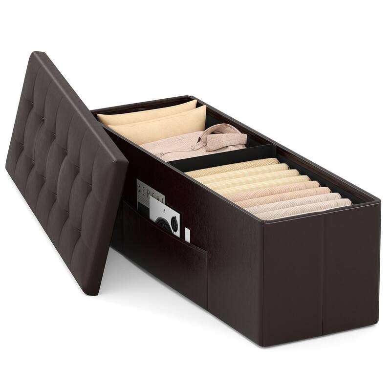 43 Inch PU Leather Storage Ottoman Bench with 38 Gallon Capacity Removable Divider and Foam Cushion for Living Room Entryway