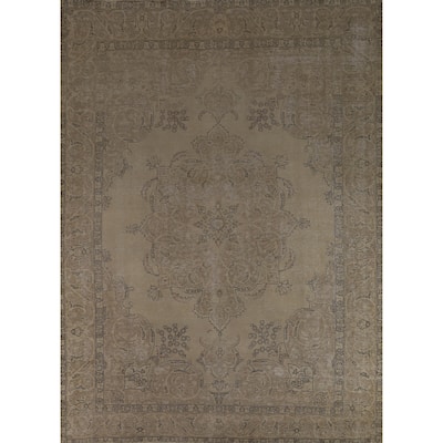 Tabriz Persian Vintage Area Rug Handmade Floral Beige Wool Carpet - 9'7" x 12'6"