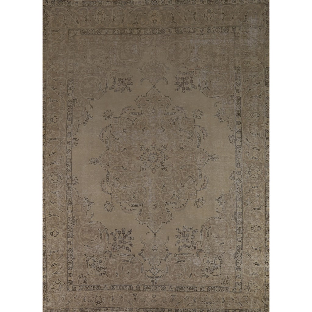 Tabriz Persian Vintage Area Rug Handmade Floral Beige Wool Carpet - 9'7" x 12'6"