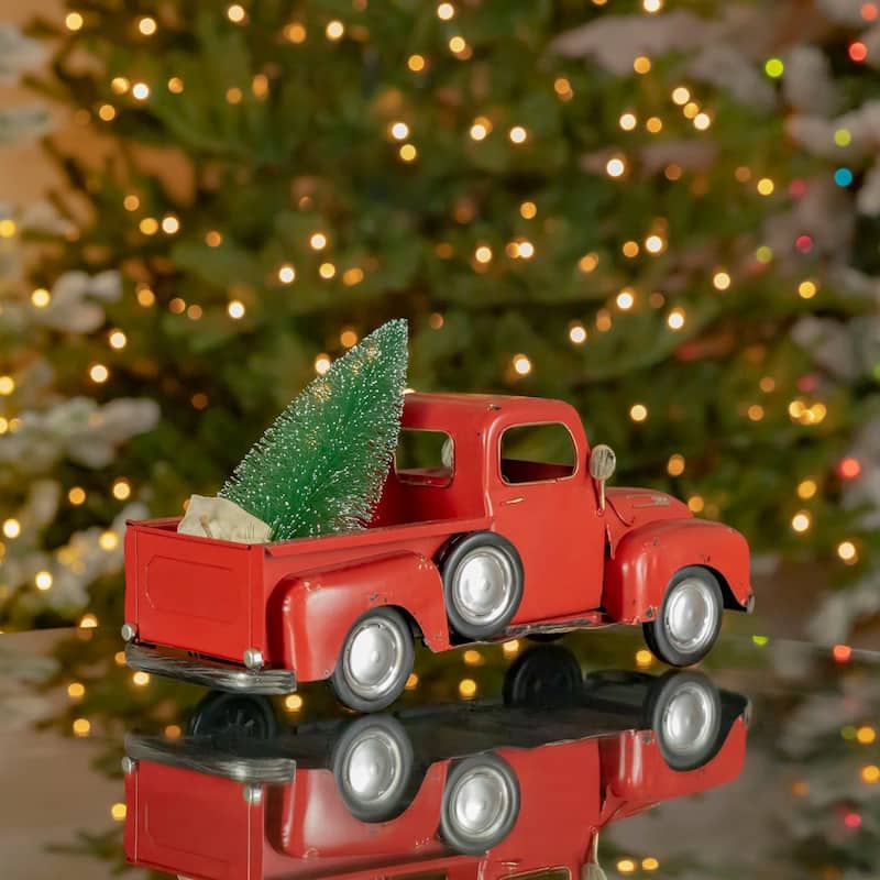 Red Iron Pickup Truck with Christmas Tree - 16.22"x6"x6.5"T