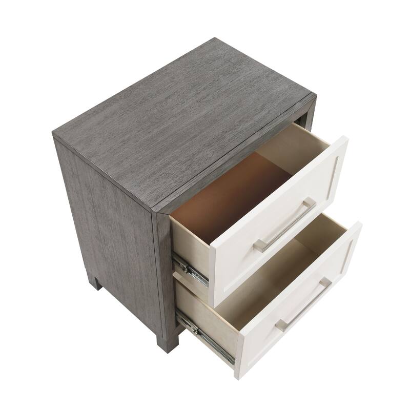 Rowy Nightstand, 2 Drawer Polished Bar Handles, Ivory and Gray Veneer