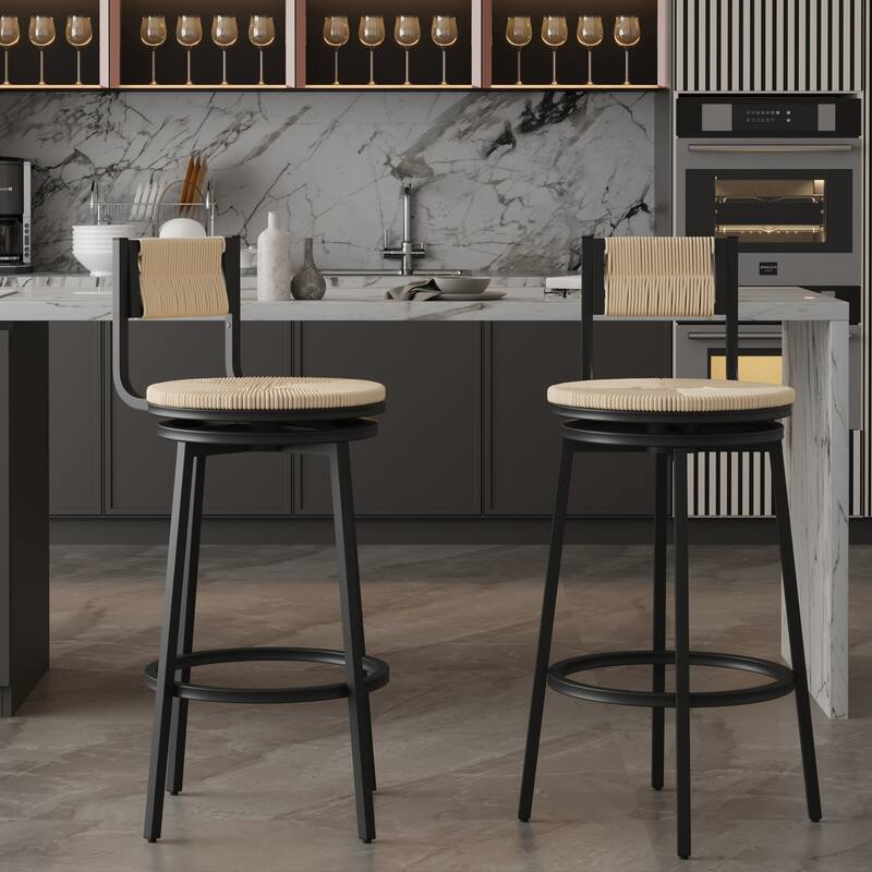 Modern Bar Stools Swivel Counter Chairs with Metal Frame Set of 2 Hand Woven Paper Rope Dining Barstools for Kitchen Counter