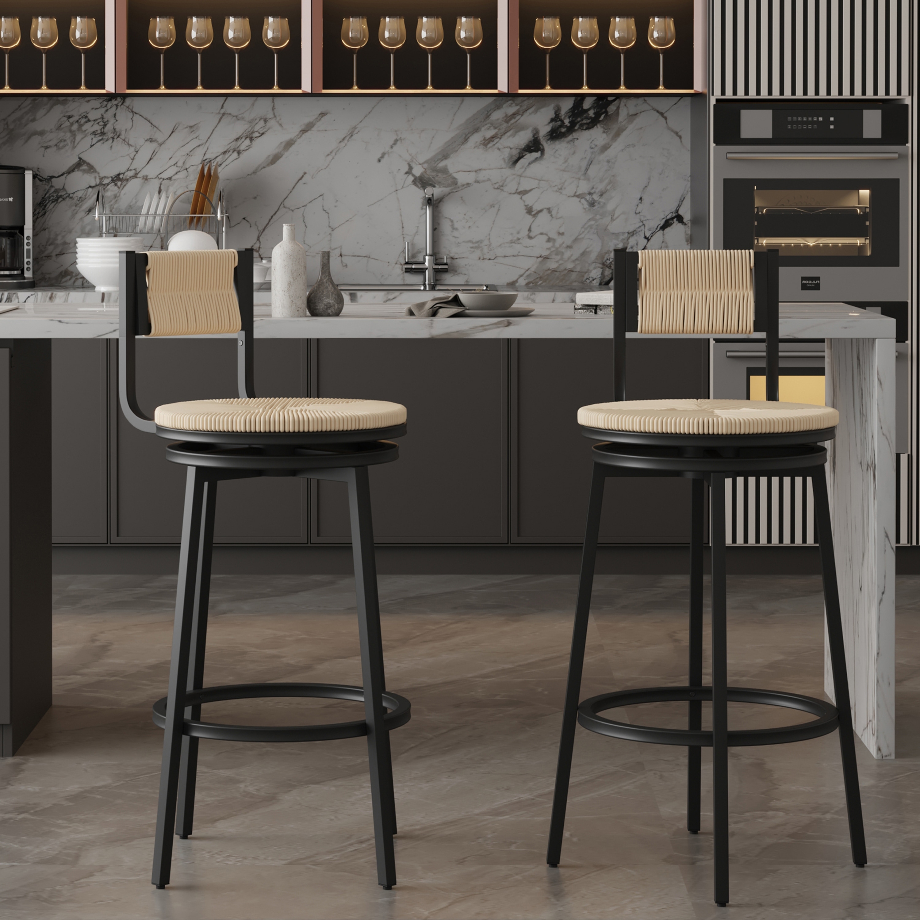 Modern Set of 2 Swivel Bar Stools with Handwoven Backrest Metal Frame, for Kitchen Island Living Room and Café