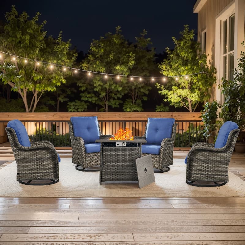 Pocassy 5 Pieces Fire Pit Table with Swivel Gilder Chairs - Grey Wicker Blue Cushion - 5 Pieces Swivel Chair with Fire Table