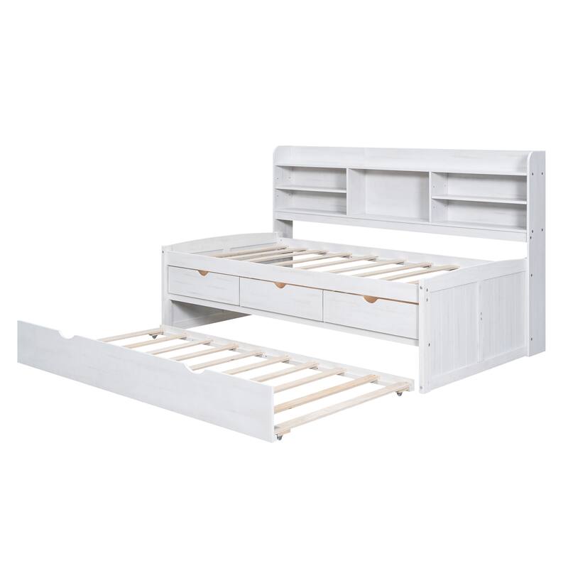 Twin Wooden Captain Bed with Bookshelves, 3 Storage Drawers, and Trundle