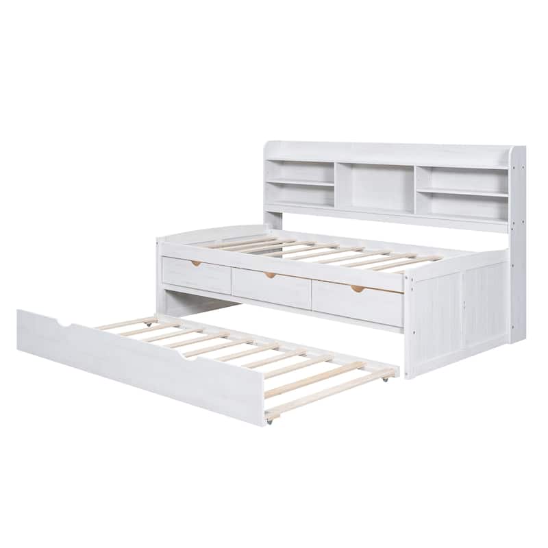 White Twin Pine Captain Bed with Shelves, Drawers & Trundle