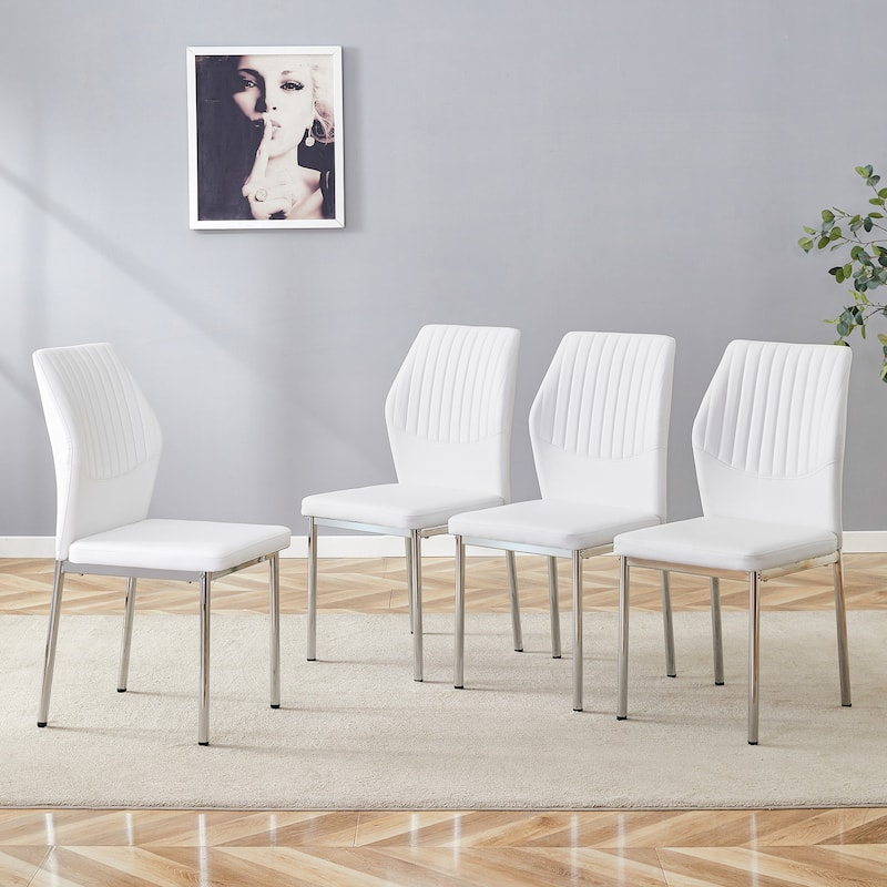 Roomfitters PU Dining Chairs with Silver Metal Legs, Vertical Stripe Back, High Resilience Upholstered Set of 4