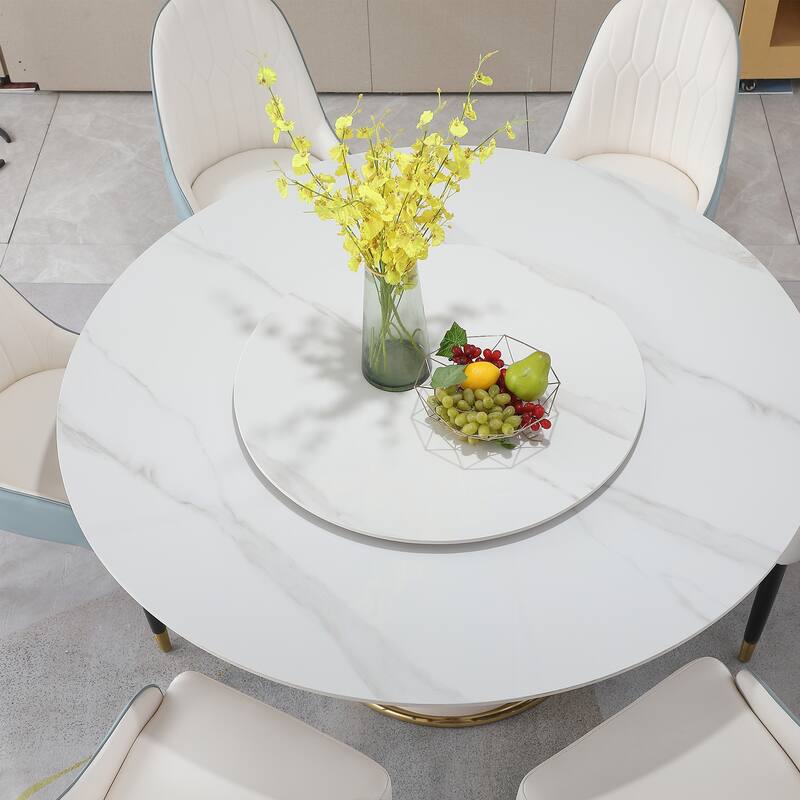 59.05"Modern Sintered stone dining table with 31.5" round turntable for 8 person with wood and metal exquisite pedestal