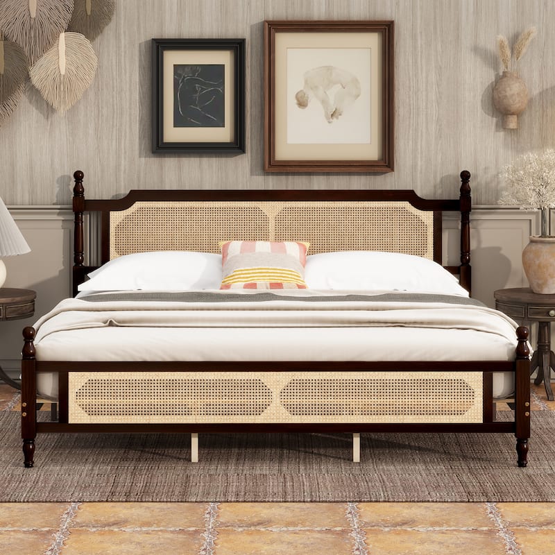 King Size Wooden Bed with Rattan Headboard and Footboard, Central Enhanced Platform, Espresso - Espresso