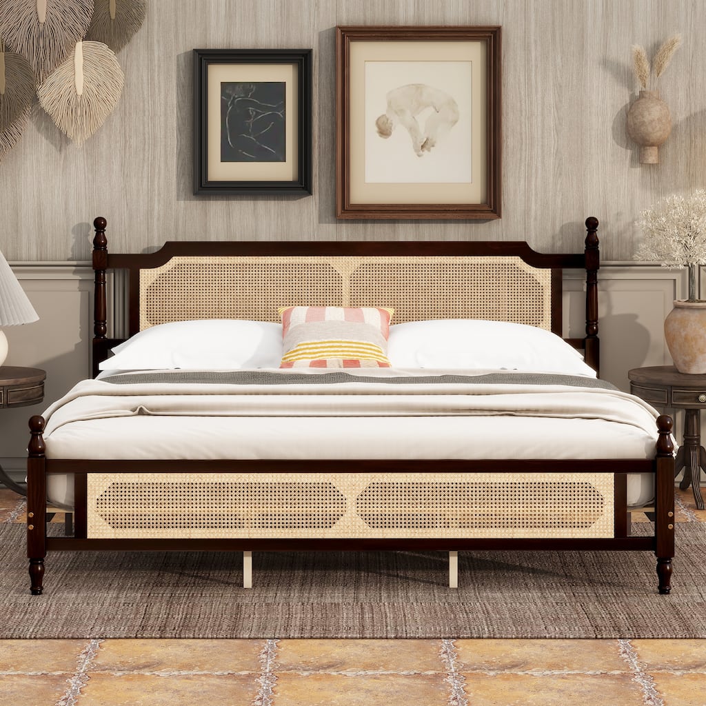 King Size Wooden Bed with Rattan Headboard and Footboard, Central Enhanced Platform, Espresso