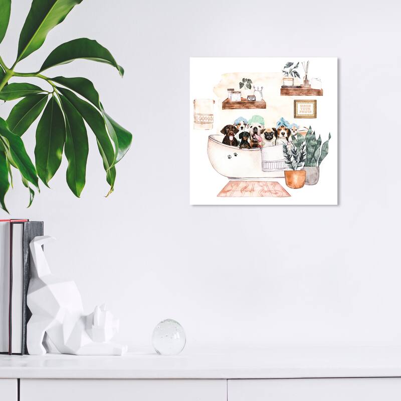 Wynwood Studio Canvas Bath and Laundry Dogs in The Bath Tub White and Cream White Modern & Contemporary Wall Art Canvas Print - 12 x 12
