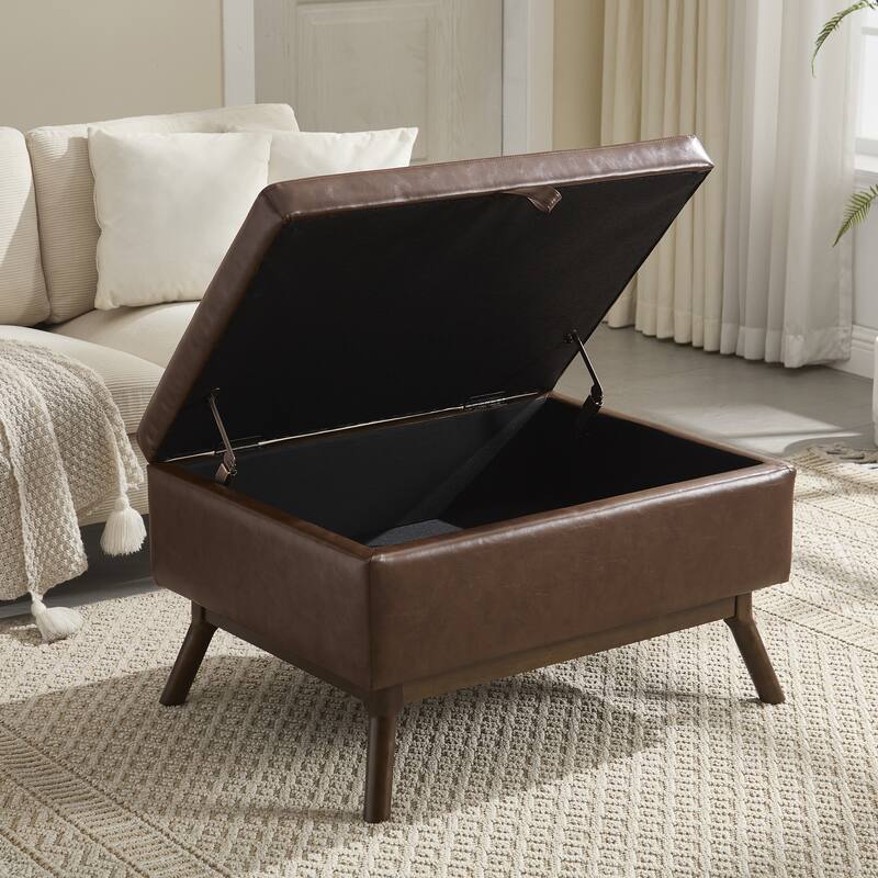 Square Storage Bench Coffee Table, Storage Ottoman Table with Wood Legs, Upholstered Footstool with Hidden Storage Compartment