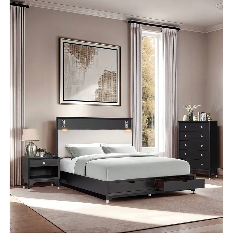 3pc Modern Black Storage Bed Led Bedroom Set USB Ports