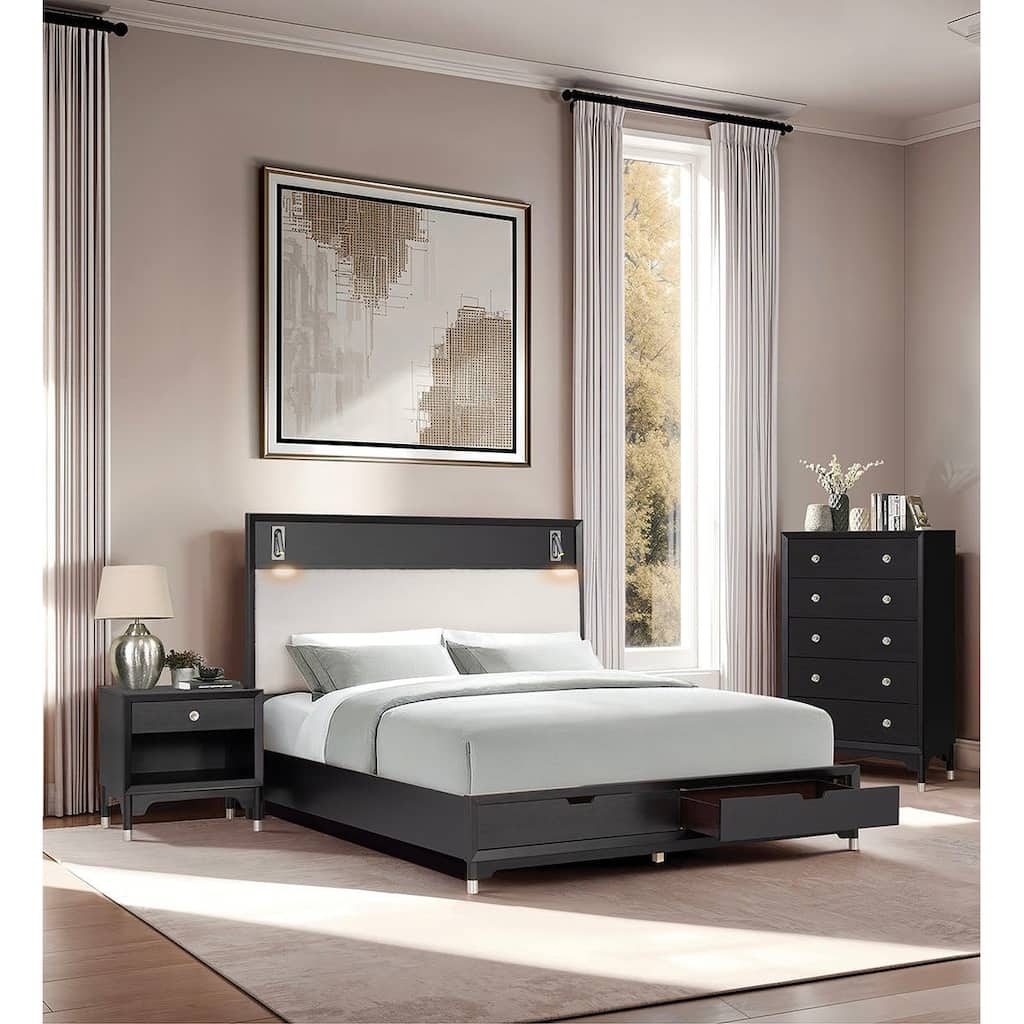 3pc Modern Black Storage Bed Led Bedroom Set USB Ports