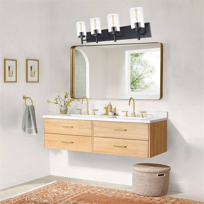 4-Light Black Vanity Light with Seeded Glass Shades