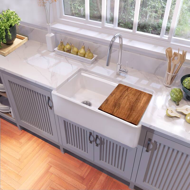 32.5 inch Fireclay Farmhouse Workstation Sink with Grid & Cutting Board - 32.5" x 19" x 10"