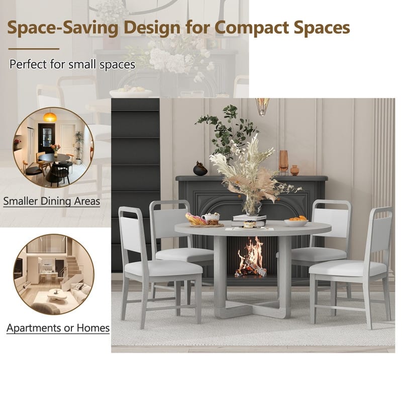 5-Piece Round Dining Table Set for 4 with Upholstered Chairs, Wood Dining Table Set with Radial Wood Grain Design Top