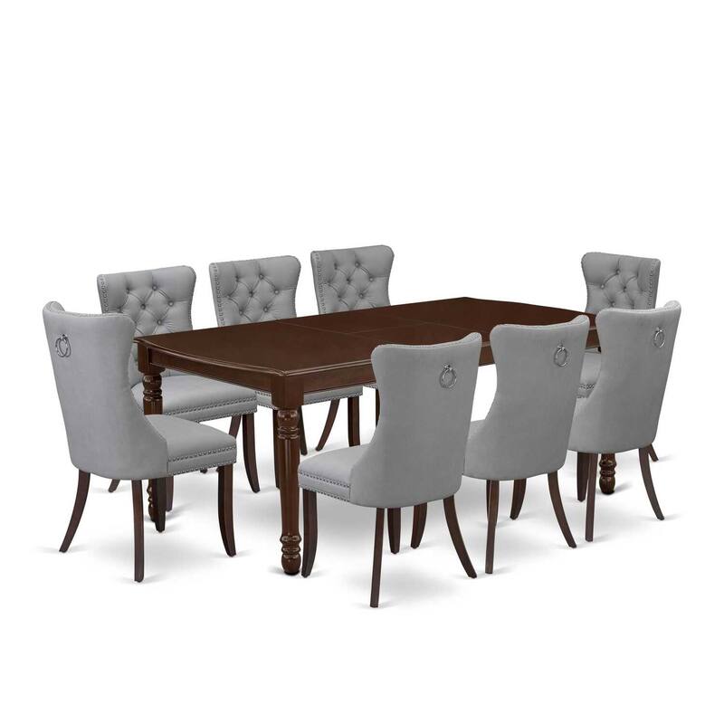 Rectangle Dining Set with 8 Upholstered Chairs - Kitchen Table Set, Mahogany Finish