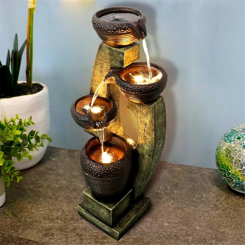 40" H Outdoor Water Fountain - 4 Crocks Modern Waterfall with Lights