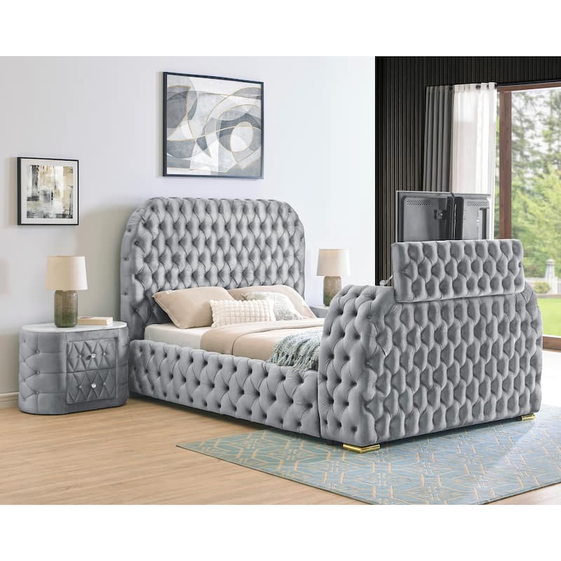 1pc Oval Faux Marble Top Nightstand 2- Drawers Storage Button Tufted Faux Crystal Tufted