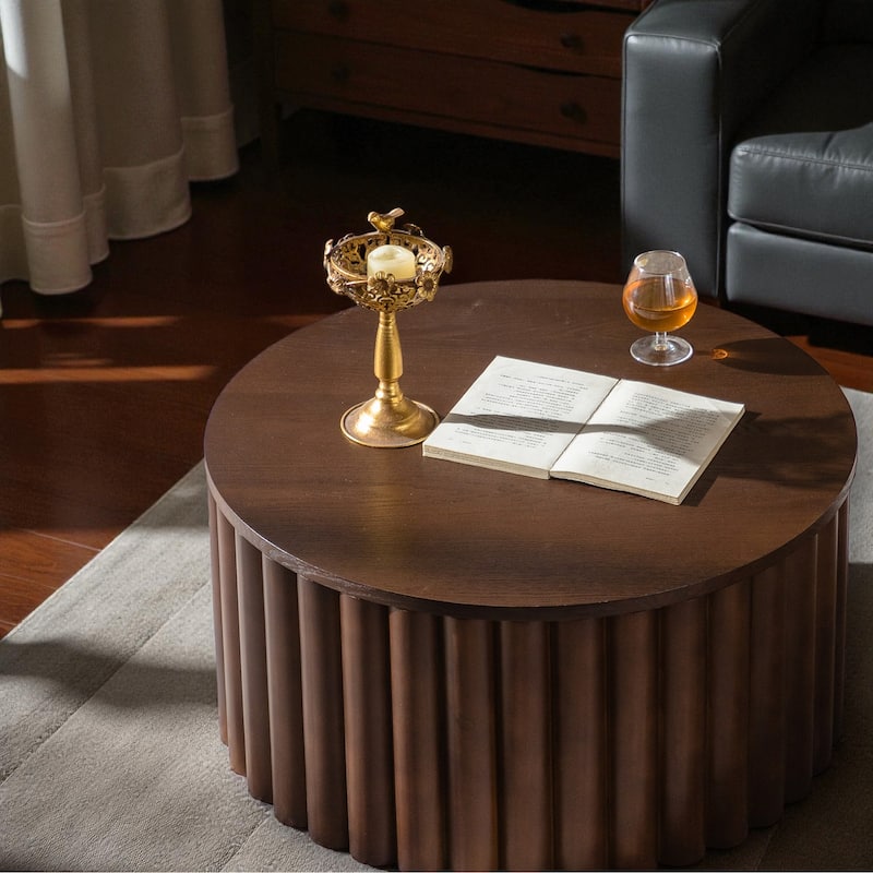 27.6'' Round Wooden Lift-Top Coffee Table with Hidden Storage, Handcrafted Relief Pedestal Tea Table for Living Room